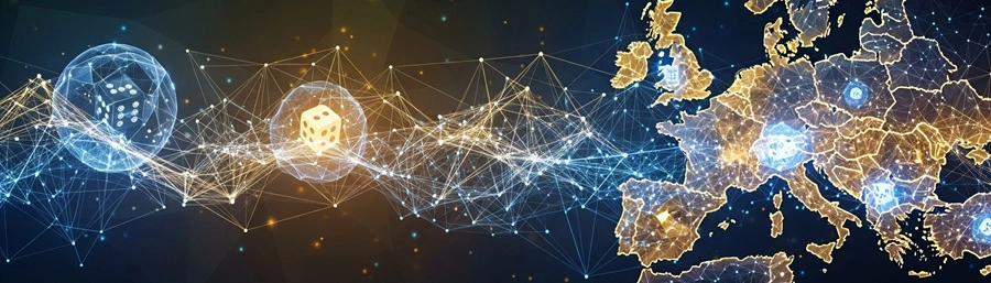 European casino software licensing map with MGA, UKGC, DGOJ badges